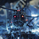 Robot militaire autonome utilisant l’intelligence artificielle sur un champ de bataille futuriste.