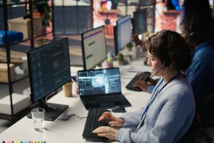 Illustration d’un centre de données moderne avec des serveurs et une interface d’intelligence artificielle symbolisant l’automatisation du stockage.