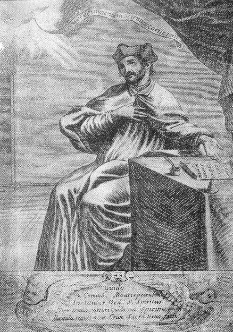 Portrait imaginaire de Guy de Montpellier, fondateur de l’Ordre du Saint‑Esprit, figure de la charité médiévale et de l’hôpital du Moyen Âge.