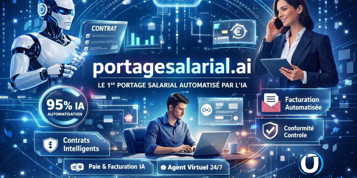 Visuel illustrant Portagesalarial.ai, la nouvelle filiale technologique d’Umalis Group, mettant en avant une plateforme de portage salarial automatisée par IA et dédiée à la performance, la conformité et l’optimisation des revenus des consultants.