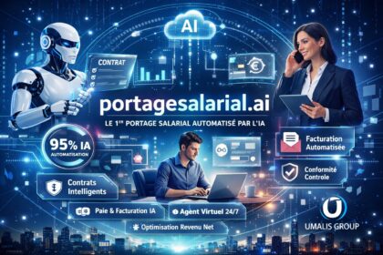 Visuel illustrant Portagesalarial.ai, la nouvelle filiale technologique d’Umalis Group, mettant en avant une plateforme de portage salarial automatisée par IA et dédiée à la performance, la conformité et l’optimisation des revenus des consultants.