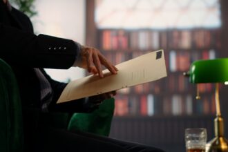 Un bureau de renseignement moderne, éclairé par la lueur bleutée d’écrans affichant cartes mondiales, flux de données et réseaux numériques, avec des analystes concentrés travaillant dans l’ombre.