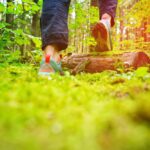 Chaussures de randonnée posées sur un chemin de montagne, illustrant le choix du bon équipement pour voyager sur les sentiers.