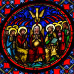 Représentation de la Pentecôte, avec les apôtres recevant les langues de feu symbolisant le Saint‑Esprit, événement fondateur de l’Église chrétienne.