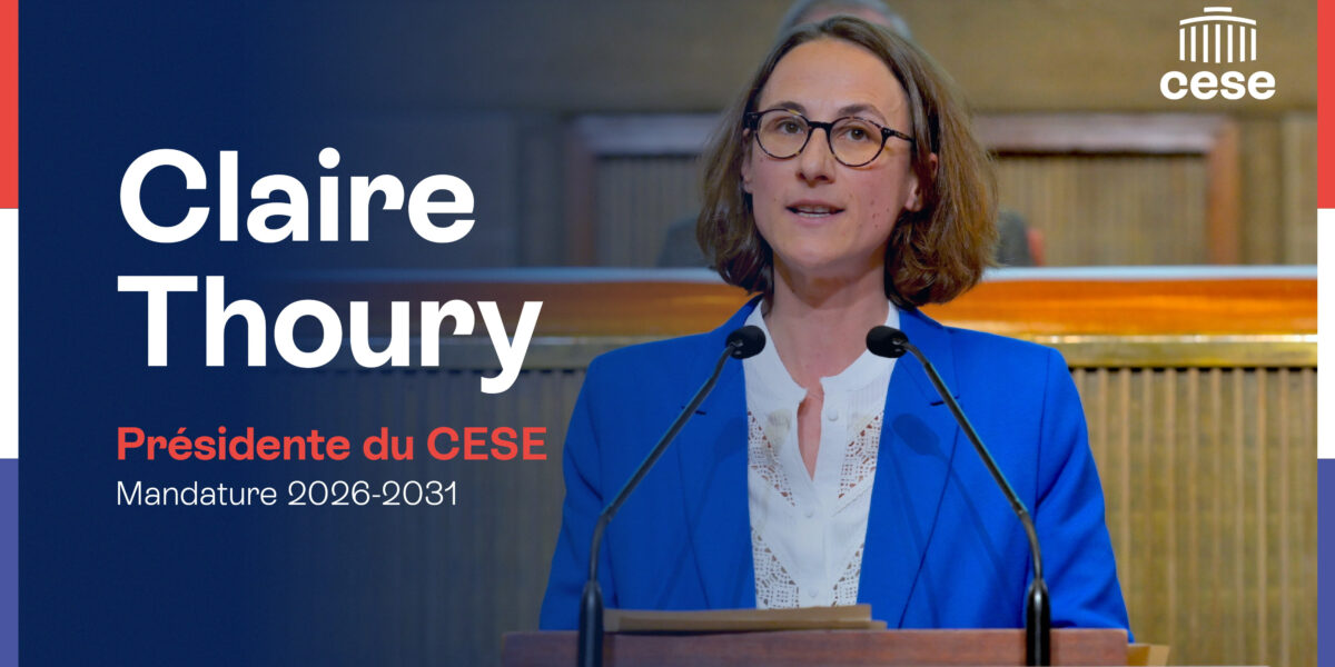 Claire Thoury élue présidente du CESE lors de la séance plénière du 20 mai 2026, prononçant son discours d’installation.