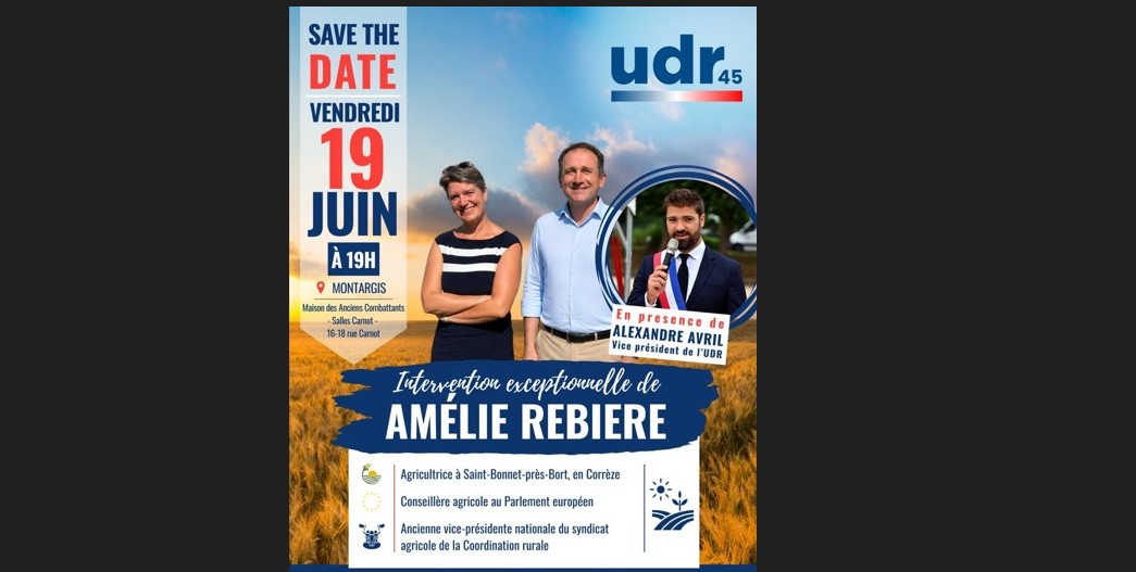 Réunion de l’UDR Loiret annonçant une conférence de presse à Montargis avec des intervenants nationaux.
