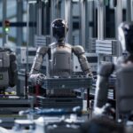 Illustration d’un employé de bureau utilisant des outils d’intelligence artificielle pour automatiser des tâches et améliorer sa productivité.