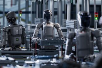Illustration d’un employé de bureau utilisant des outils d’intelligence artificielle pour automatiser des tâches et améliorer sa productivité.