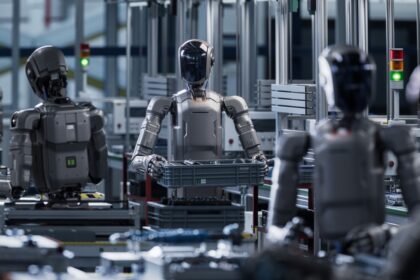 Illustration d’un employé de bureau utilisant des outils d’intelligence artificielle pour automatiser des tâches et améliorer sa productivité.