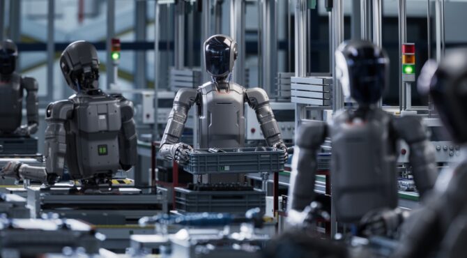 Illustration d’un employé de bureau utilisant des outils d’intelligence artificielle pour automatiser des tâches et améliorer sa productivité.