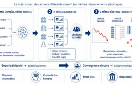 Schéma montrant des acteurs financiers utilisant des modèles IA similaires, illustrant la convergence des raisonnements et le risque systémique lié à des décisions synchronisées.