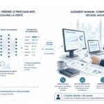 Illustration d’une IA générative analysant des données, montrant la différence entre calcul probabiliste et pensée humaine, avec un humain supervisant la décision.