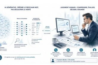 Illustration d’une IA générative analysant des données, montrant la différence entre calcul probabiliste et pensée humaine, avec un humain supervisant la décision.