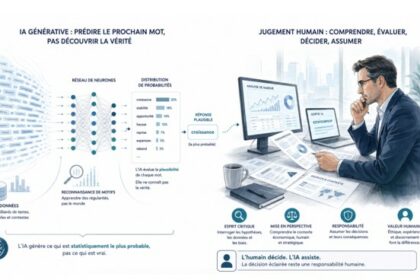 Illustration d’une IA générative analysant des données, montrant la différence entre calcul probabiliste et pensée humaine, avec un humain supervisant la décision.